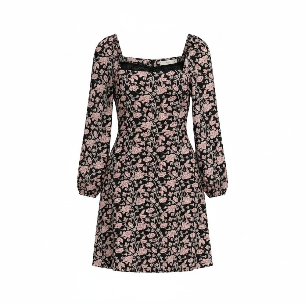 MNG Mango Floral Square Neck Puff Sleeve Mini Dress Women 8 Black Pink Floral